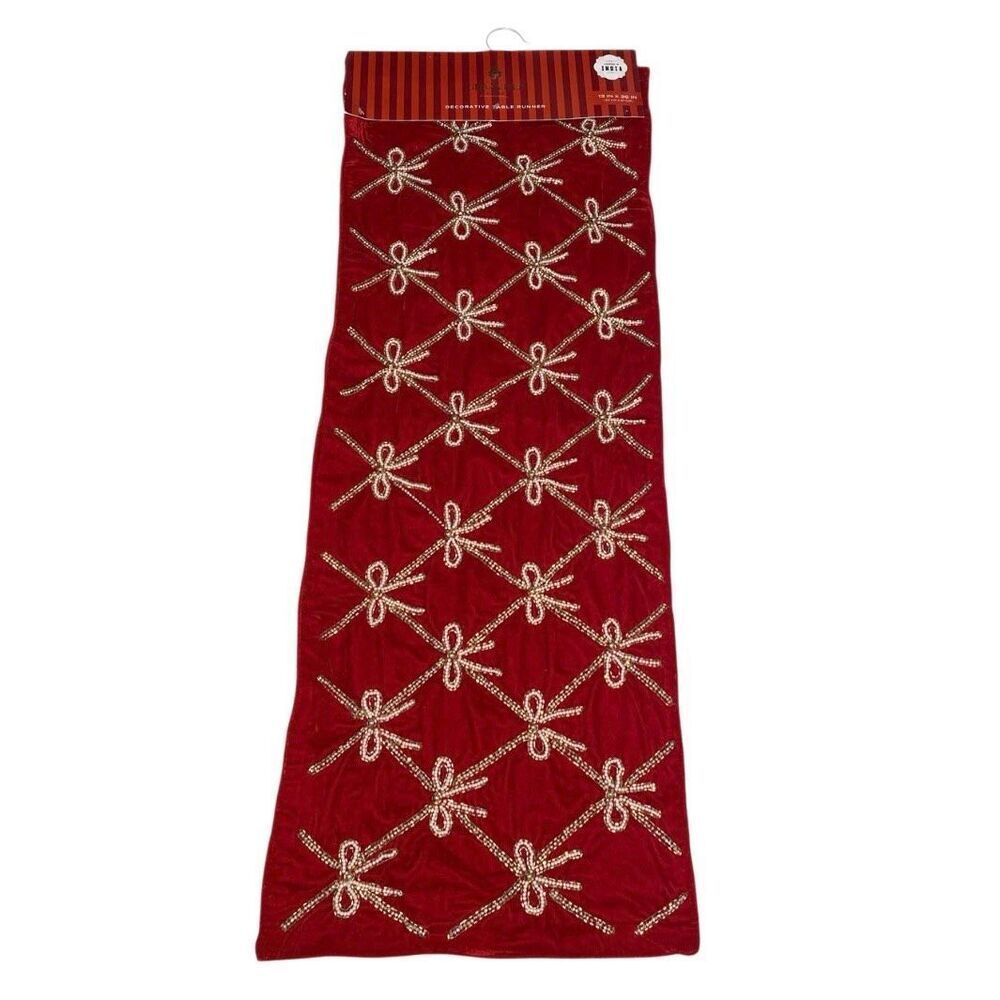 Granville Lane Red Velvet Beaded Table Runner 13x36 Christmas Decor Holiday